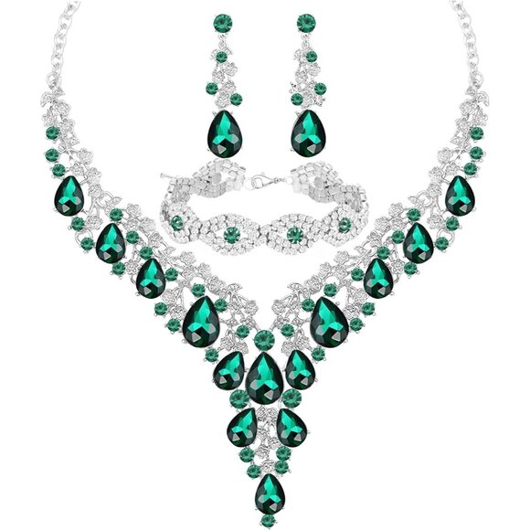 🆕Women Green Crystal Jewelry Statement Choker Necklace Earrings Bracelets Set - Picture 1 of 7